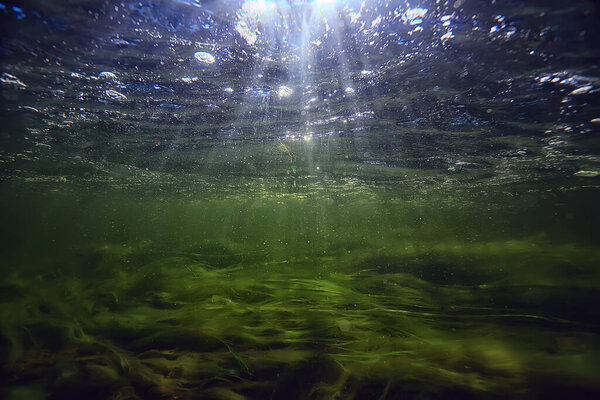 солнечные лучи под водным ландшафтом, дайвинг с морской водой