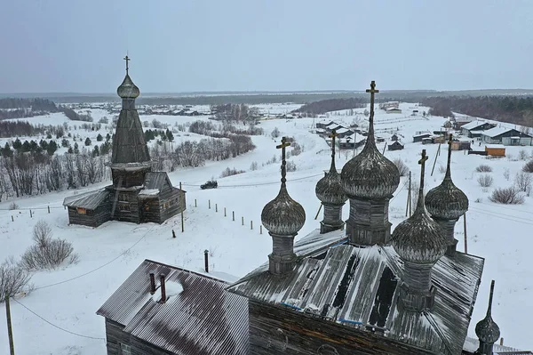 Chiesa Legno Inverno Vista Dall Alto Paesaggio Russo Architettura Del — Foto Stock