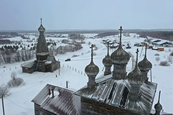 Träkyrka Vinter Ovanifrån Landskap Rysk Norra Arkitektur — Stockfoto