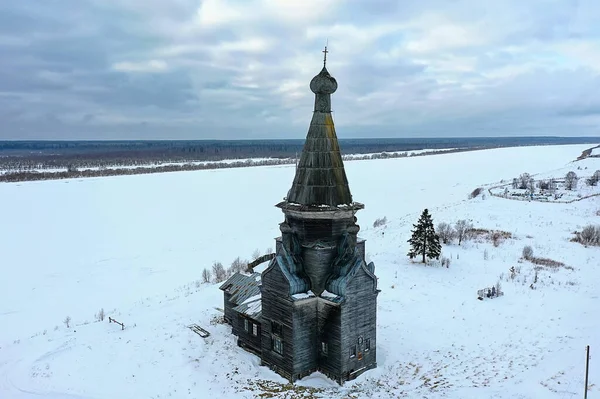 Chiesa Legno Inverno Vista Dall Alto Paesaggio Russo Architettura Del — Foto Stock