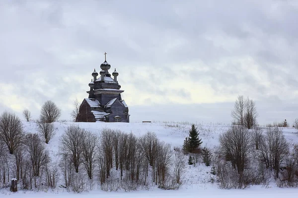 Igreja Madeira Paisagem Norte Russa Inverno Arquitetura Religião Histórica Cristianismo — Fotografia de Stock