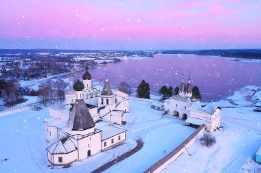 ferapontovo kış manastırı manzarası, üst görünüm noel dini mimari arka plan