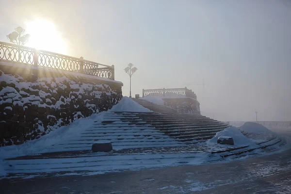 Paisagem Irkutsk Inverno Cidade Aterro Lanternas — Fotografia de Stock