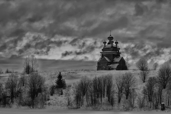 Houten Kerk Het Russische Noordelijke Landschap Winter Architectuur Historische Religie — Stockfoto