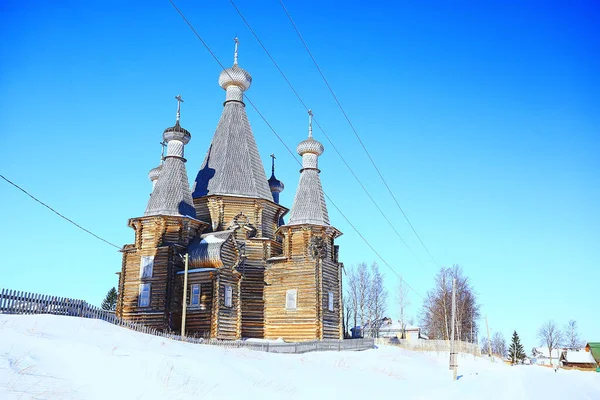 Iglesia Madera Paisaje Del Norte Ruso Invierno Arquitectura Religión Histórica —  Fotos de Stock