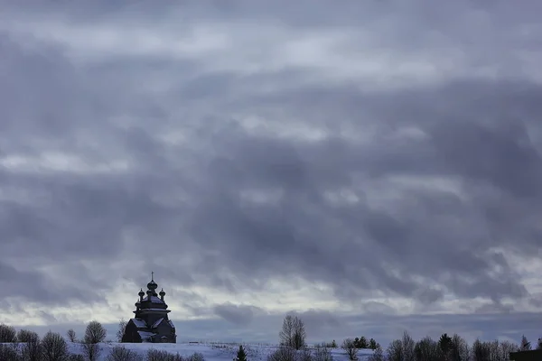 Chiesa Legno Nel Paesaggio Del Nord Russo Inverno Architettura Religione — Foto Stock