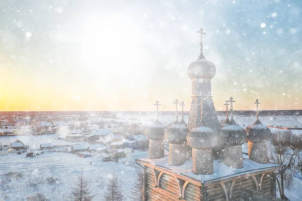 Wooden Church Winter Top View Landscape Russian North Architecture — Stock Photo, Image