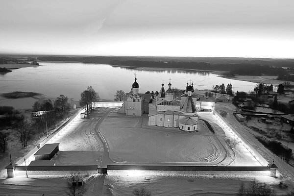 Ферапонтово зимний монастырь пейзаж, вид сверху рождественский религиозный фон