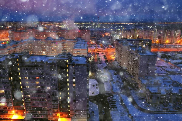 Natt Stad Ovanifrån Vinter Arkitektur Topp Tak Fasad Ljus — Stockfoto