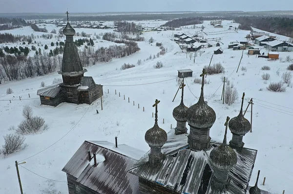 Wooden Church Winter Top View Landscape Russian North Architecture — Stock Photo, Image