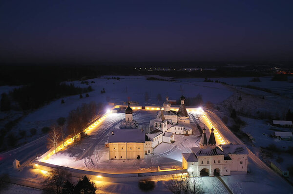 Ферапонтово зимний монастырь пейзаж, вид сверху рождественский религиозный фон