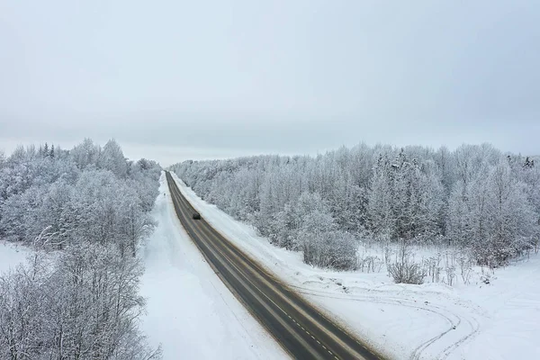 Inverno Estrada Vista Superior Geada Paisagem Florestal Livre — Fotografia de Stock