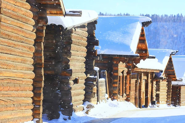 Zimní Krajina Rusky Vesnice Sever Dřevěný Dům — Stock fotografie