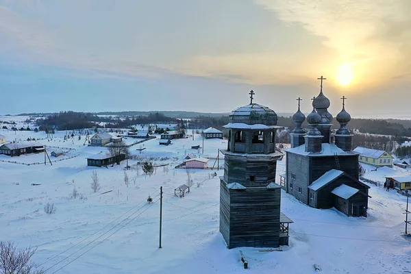 Wooden Church Winter Top View Landscape Russian North Architecture — Stock Photo, Image