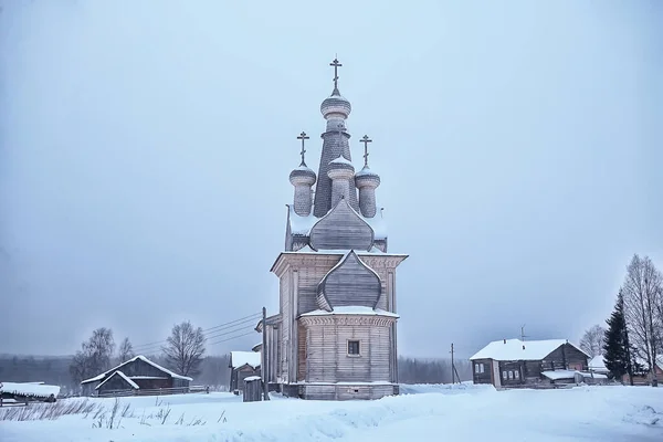 Dřevěný Kostel Ruské Severní Krajině Zimě Architektura Historické Náboženství Křesťanství — Stock fotografie