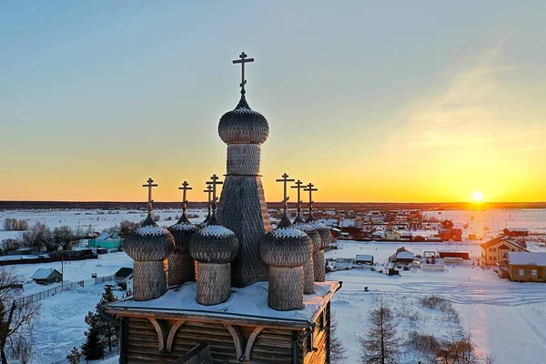 Деревянная Церковь Зимний Вид Сверху Ландшафт Русской Северной Архитектуры — стоковое фото
