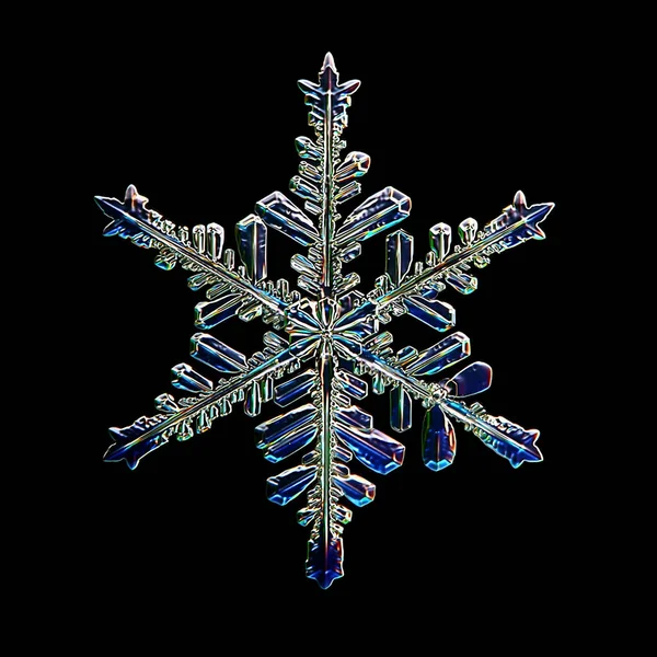 Νιφάδα Χιονιού Απομονωμένη Μαύρο Φόντο Φυσικό Φωτογραφικό Κρύσταλλο Χειμερινό Σχεδιασμό — Φωτογραφία Αρχείου