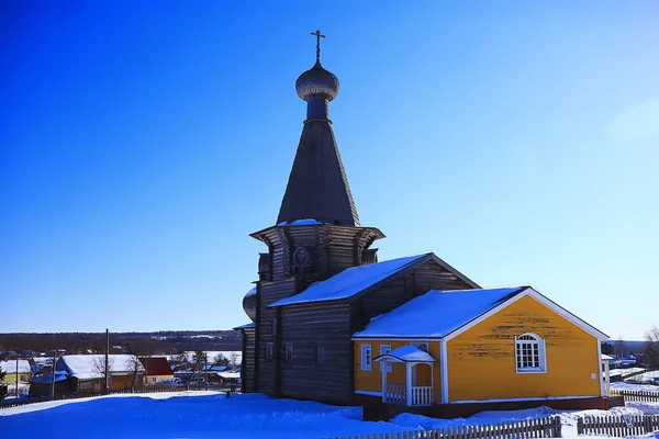 Iglesia Madera Paisaje Del Norte Ruso Invierno Arquitectura Religión Histórica —  Fotos de Stock