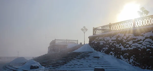 Paisagem Irkutsk Inverno Cidade Aterro Lanternas — Fotografia de Stock