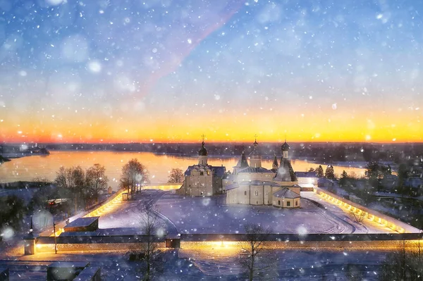 フェラポントヴォの冬の修道院風景トップビュークリスマス宗教建築背景 — ストック写真
