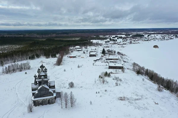 Wooden Church Winter Top View Landscape Russian North Architecture — Stock Photo, Image