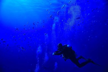 Dalgıçlar mavi deniz arka planında derinlerde suyun altında
