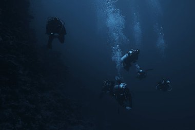 Dalgıçlar mavi deniz arka planında derinlerde suyun altında
