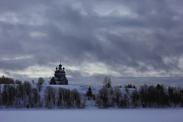 Iglesia Madera Paisaje Del Norte Ruso Invierno Arquitectura Religión Histórica — Foto de Stock