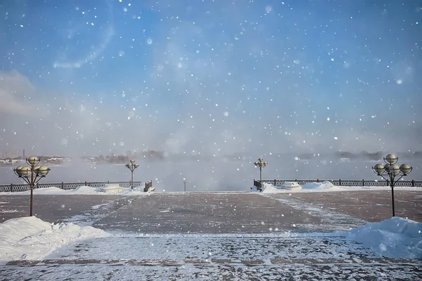 Paisagem Irkutsk Inverno Cidade Aterro Lanternas — Fotografia de Stock