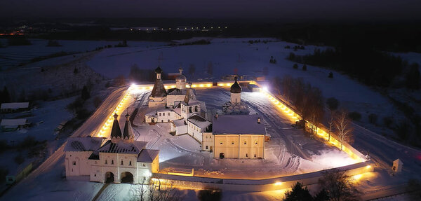 Ферапонтово зимний монастырь пейзаж, вид сверху рождественский религиозный фон