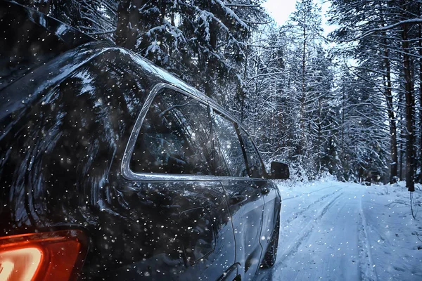 Auto Zimní Les Cestování Pozadí Prosinec Příroda — Stock fotografie