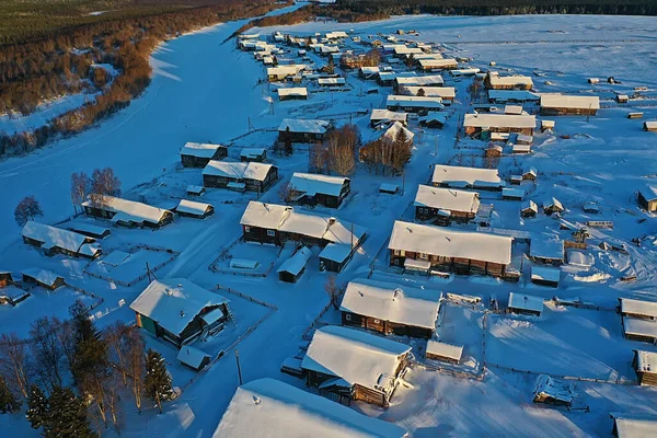 Kimzha Pueblo Vista Superior Paisaje Invierno Ruso Norte Arkhangelsk Distrito —  Fotos de Stock