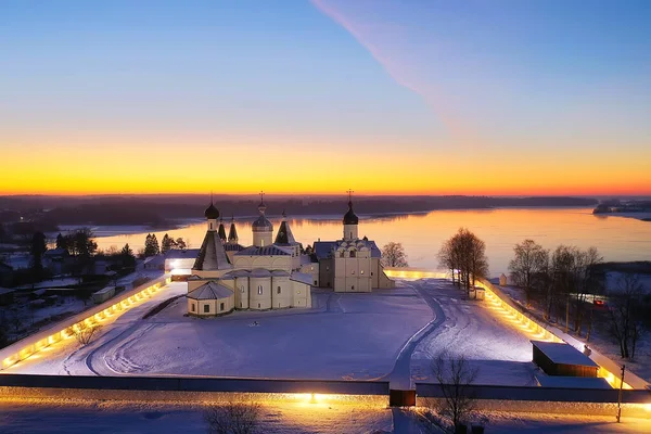 Ferapontovo Peisaj Mănăstire Iarnă Vedere Top Crăciun Religie Arhitectură Fundal — Fotografie, imagine de stoc