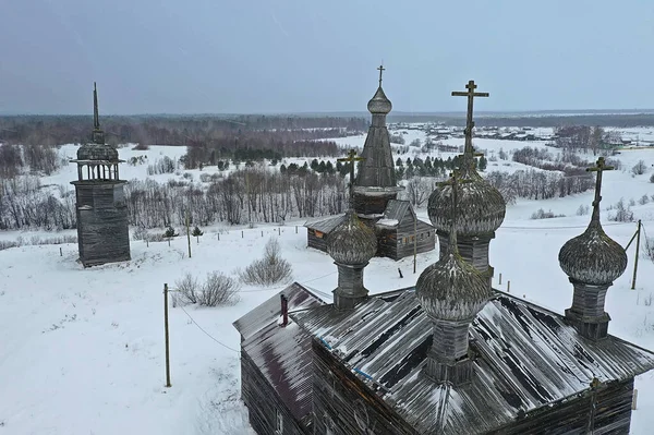 Dřevěný Kostel Zimní Pohled Shora Krajina Rusky Severní Architektura — Stock fotografie