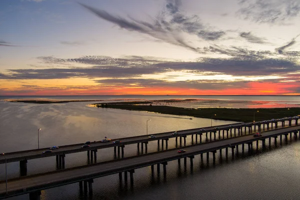 Légi Kilátás Mobile Bay Autópálya Híd Naplementekor Októberben Alabama Öböl — Stock Fotó