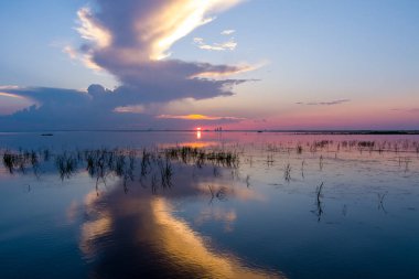 Haziran 2022 'de Alabama Körfezi kıyısındaki Mobile Körfezi' nde günbatımı yansıması 