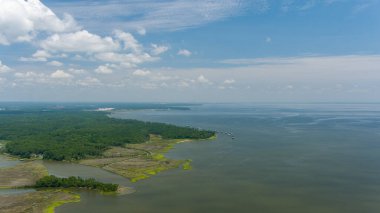 Haziran 2022 'de Alabama Körfezi kıyısındaki Mobile Körfezi' nin batı kıyısının havadan görüntüsü. 