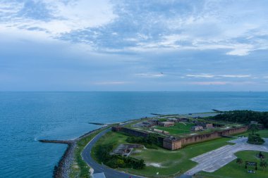 Aerial view of Fort Gaines on Dauphin Island, Alabama at sunset in August 2022