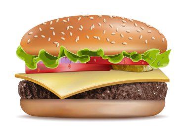 Hamburger. Klasik Burger. Marul Domatesli Amerikan Cheeseburger, soğanlı sığır eti ve soslu. Beyaz arka planda izole edilmiş. Fast Food