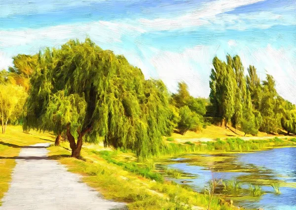 Painting Weeping Willow Tree Also Known Babylon Willow Salix Babylonica — Stock Photo, Image