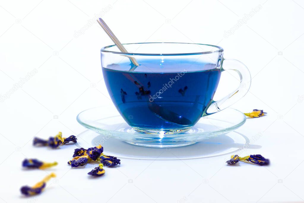 Cup of Anchan or Butterfly pea tea with dry flowers of clitoria. Blue tea in a transparent glass cup with dry flowers isolated on white background.