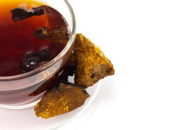 Cam bir fincanda Chaga mantar parçaları ve kopyalama alanı olan beyaz bir arkaplanda bulunan Inonotus oblikus parçaları. Huş ağacında asalak mantar. Geleneksel tıp konsepti. Üst görünüm