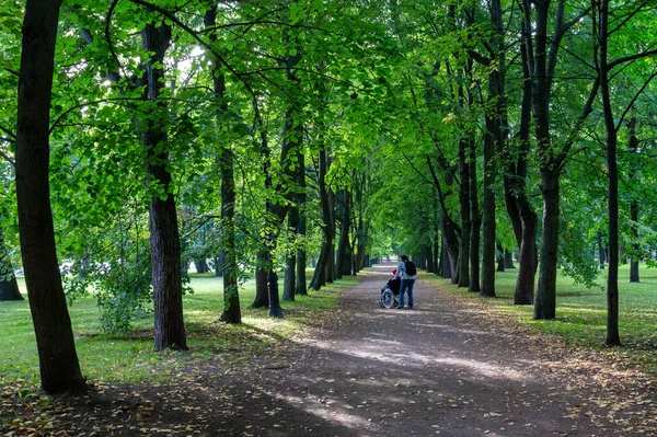 Kronstadt Petersburg Russia August 2020 Disabled Person Wheelchair Caregiver Walking — Stock Photo, Image