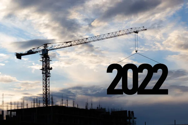 Silhueta Guindaste Construção Canteiro Obras Que Levanta Número 2022 Ano — Fotografia de Stock