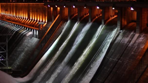 Night View Strong Flows Water Discharging Water Hydroelectric Power Station — Stock Video