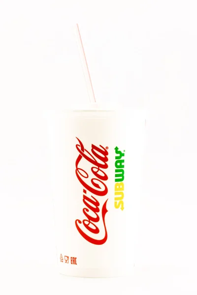 Krasnoyarsk Russia December 2021 Disposable Branded Takeaway Glass Coca Cola — стокове фото