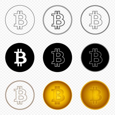 Bitcoin simgesi seti. Kripto para birimi logoları. Dijital para birimi. Düz dizayn. Şeffaf arkaplanda izole edilmiş vektör resimleme grafiği.