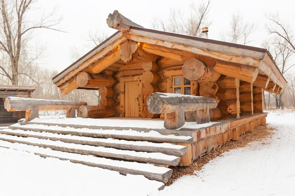 Log House Winter Snowy Forest House Made Giant Logs Snow — Stock Photo, Image