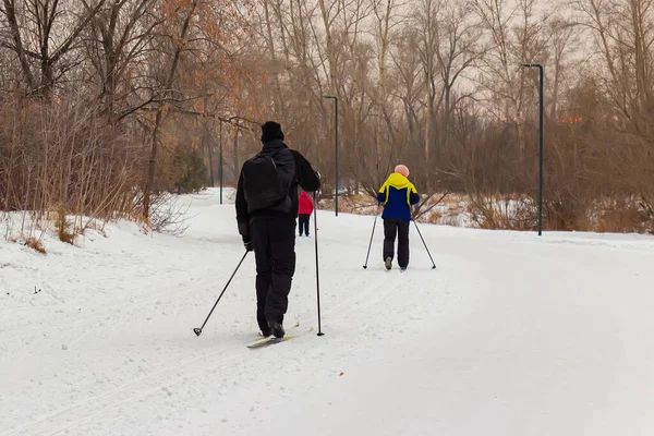 Люди Катаются Лыжах Снежном Зимнем Парке Города Люди Катаются Лыжах — стоковое фото