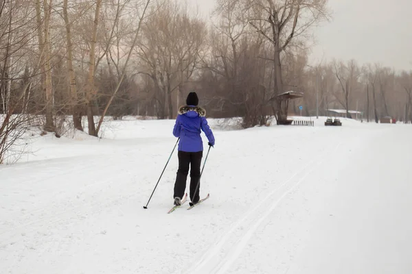 Женщина Лыжник Прогуливается Снегу Зимнем Городском Парке Зимние Виды Спорта — стоковое фото